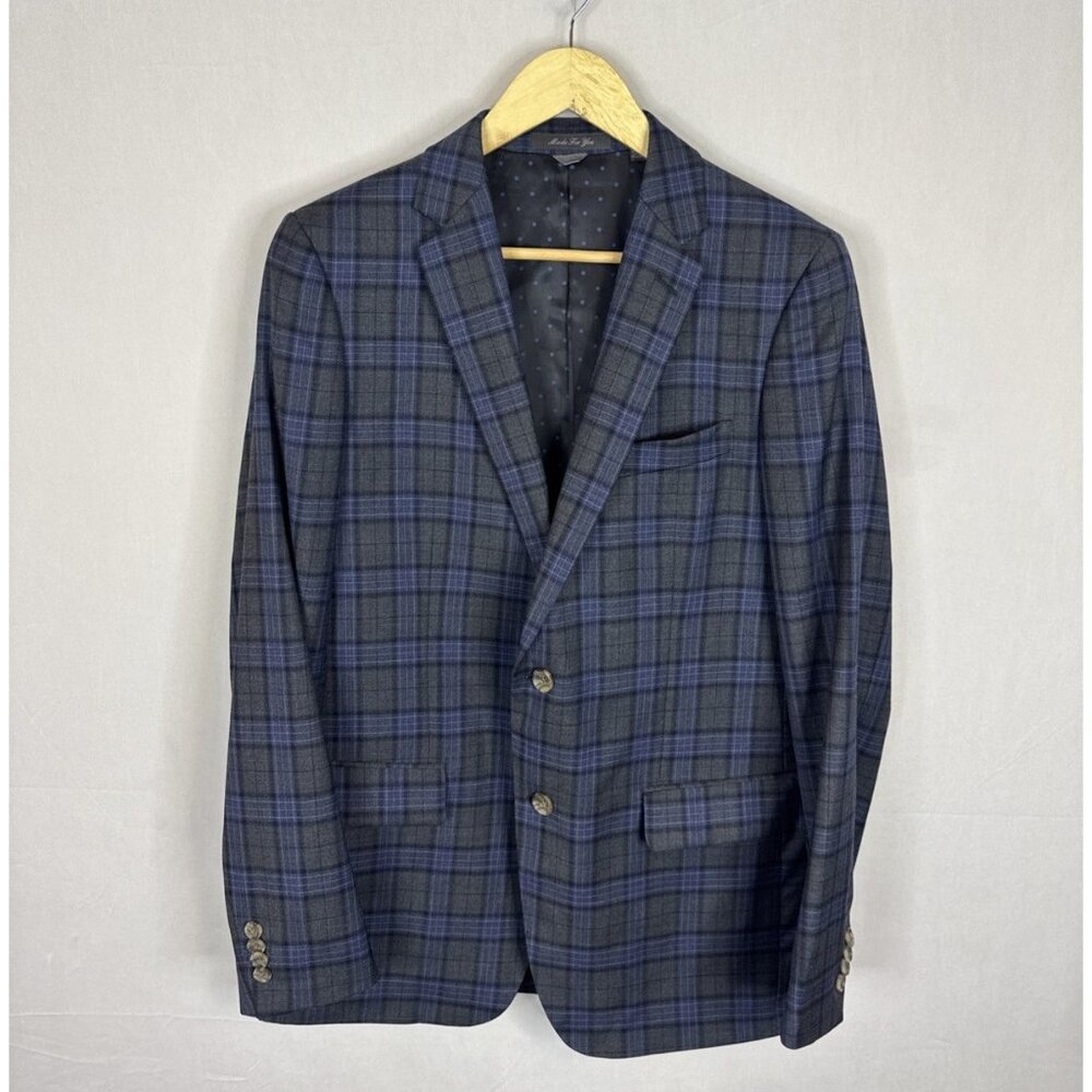 Indochino Blazer Mens 38 Blue Gray Plaid Wool Sport Coat Custom Made‎